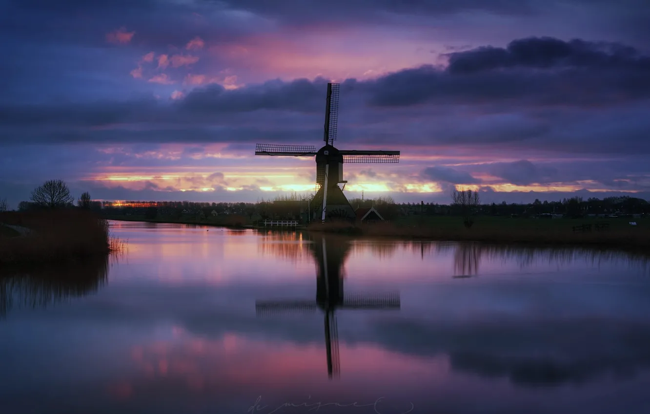 Photo wallpaper the sky, water, reflection, the evening, channel, Netherlands, windmill