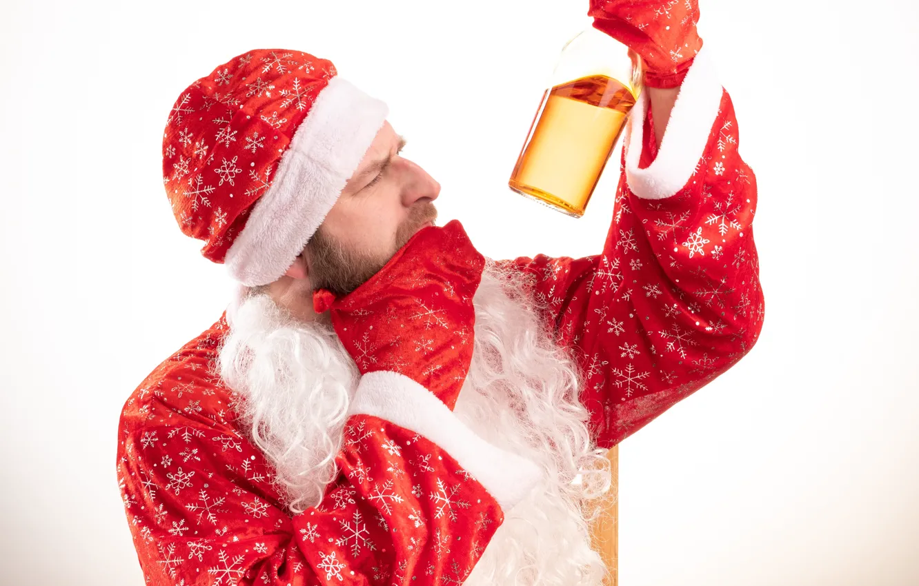 Photo wallpaper look, red, face, pose, holiday, bottle, hands, Christmas
