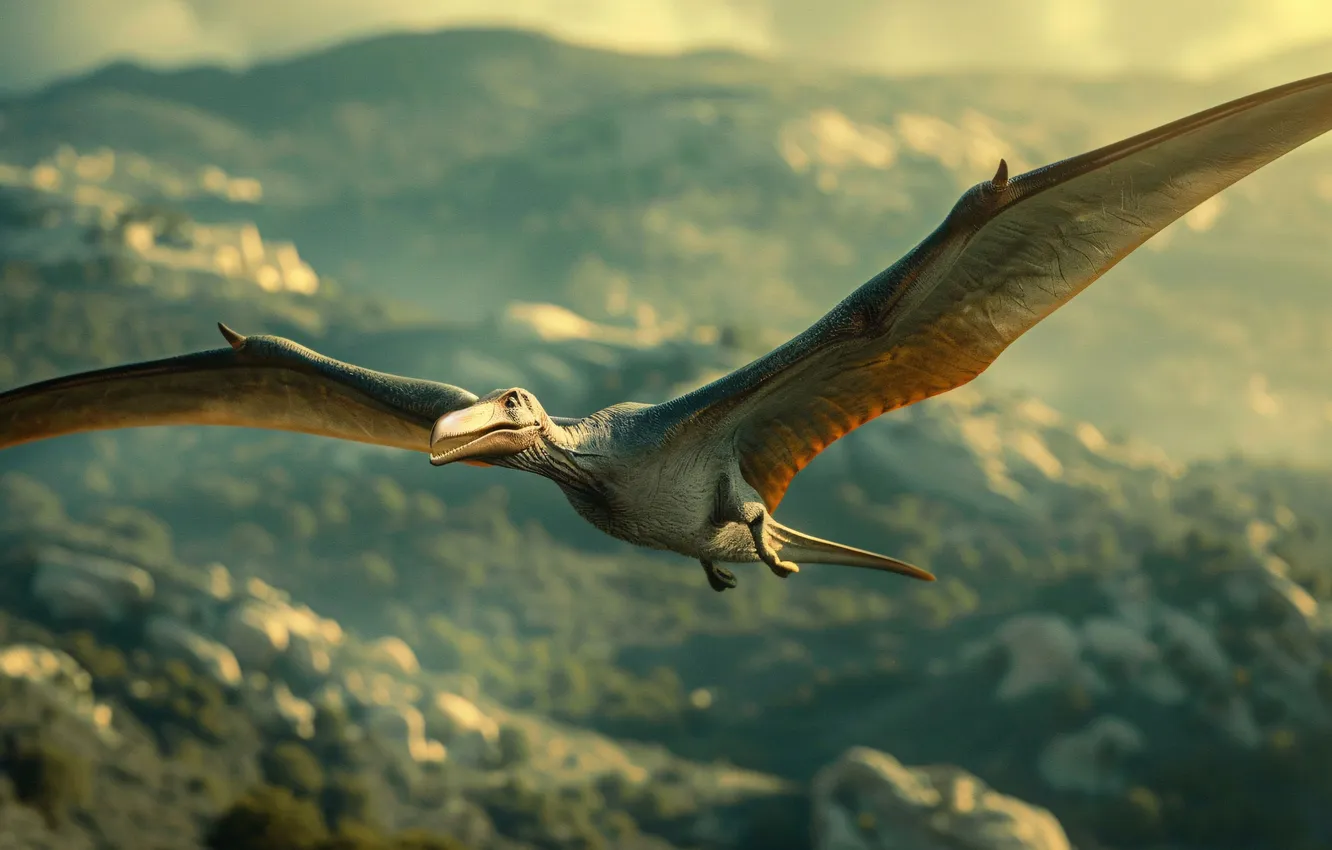 Photo wallpaper flight, mountains, animal, wings, dinosaur, pterodactyl, digital art, Ancient animals