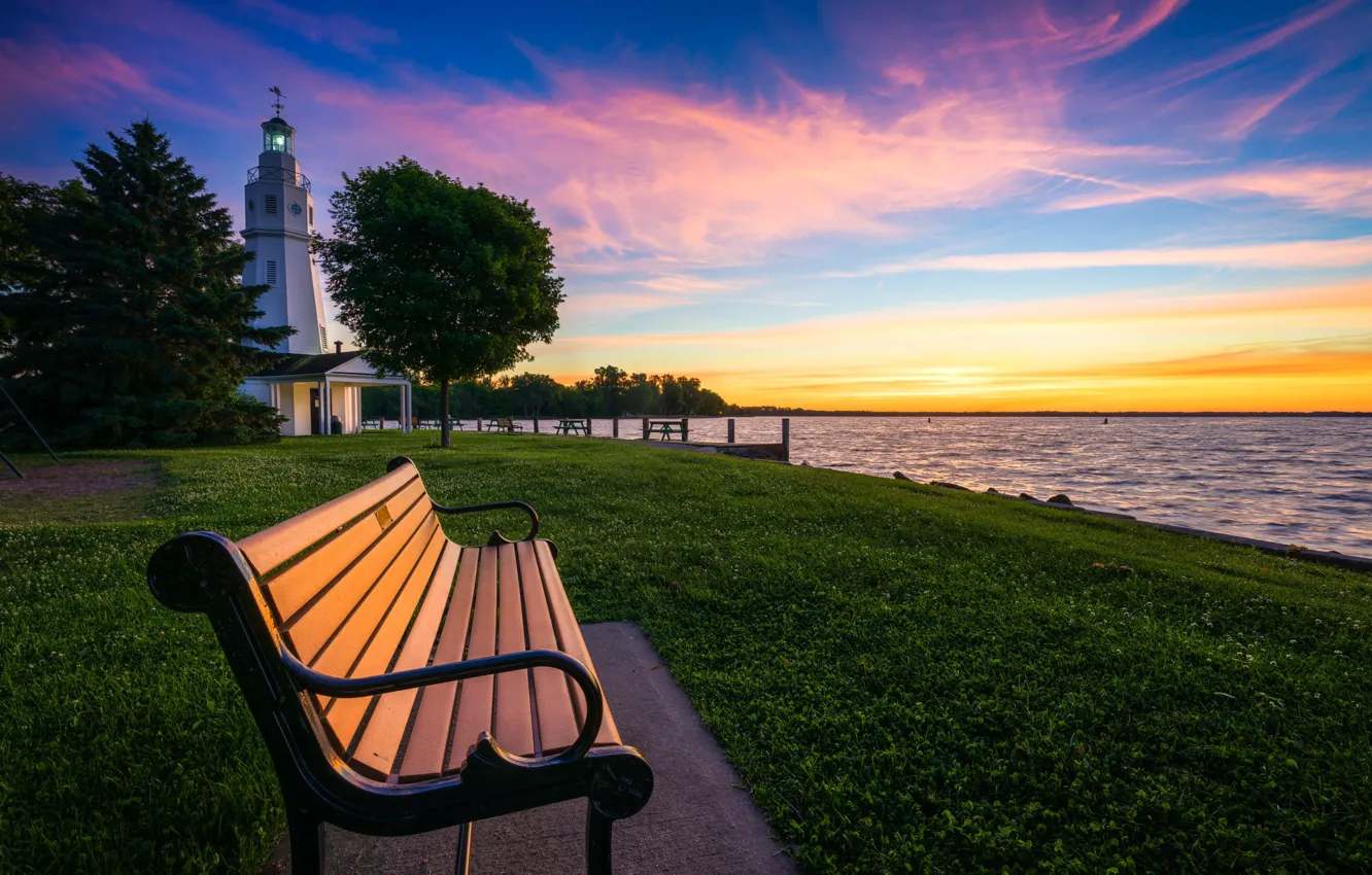 Photo wallpaper landscape, lake, dawn, lighthouse, morning, Wisconsin, USA, bench