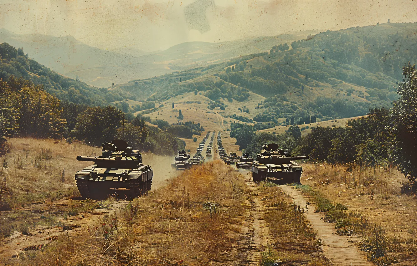Photo wallpaper Road, Trees, Retro, Hills, Tanks, Digital art, Column, AI art