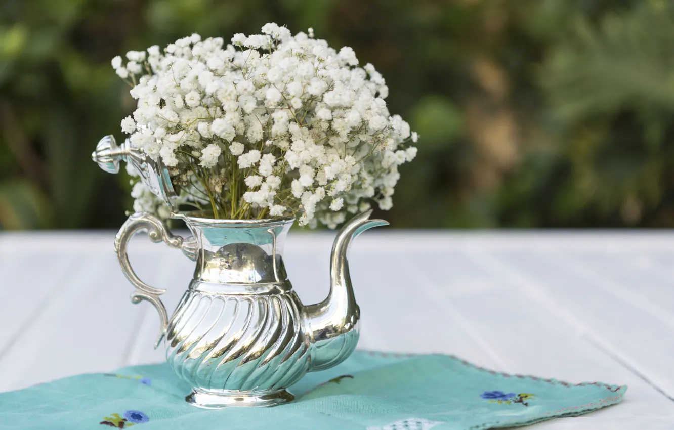Photo wallpaper flowers, bouquet, kettle, gypsophila