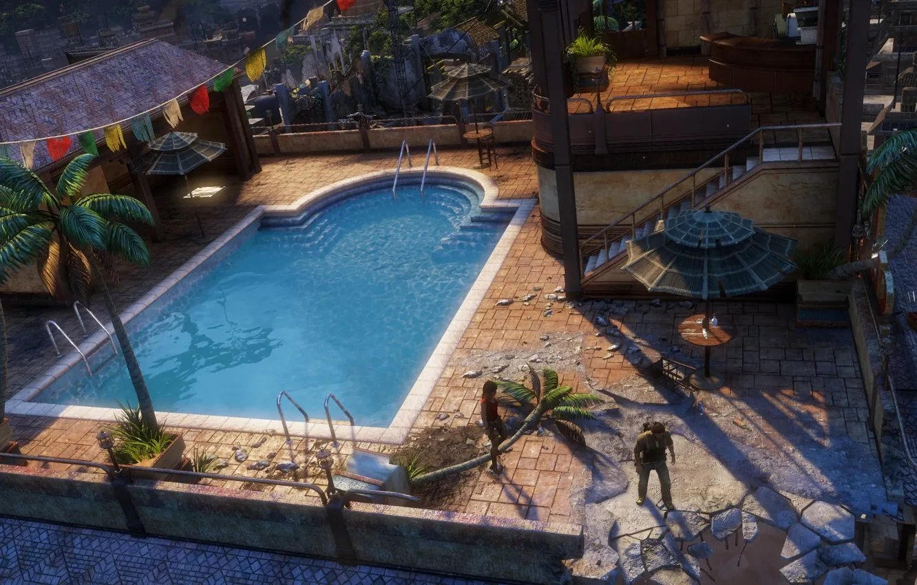 Photo wallpaper pool, Uncharted, Chloe, Drake, Nathan
