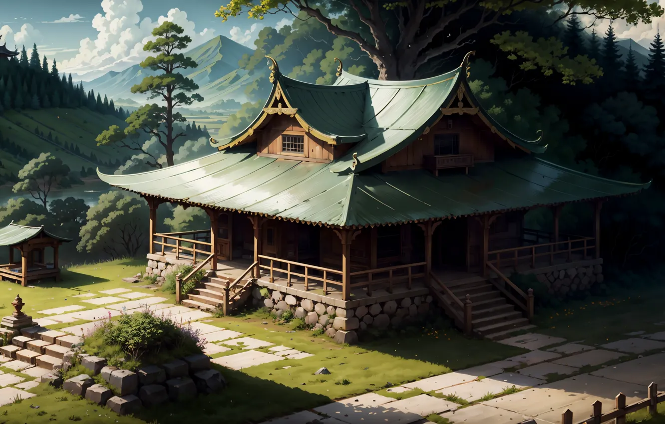Photo wallpaper house, forest, art, mountains, hut