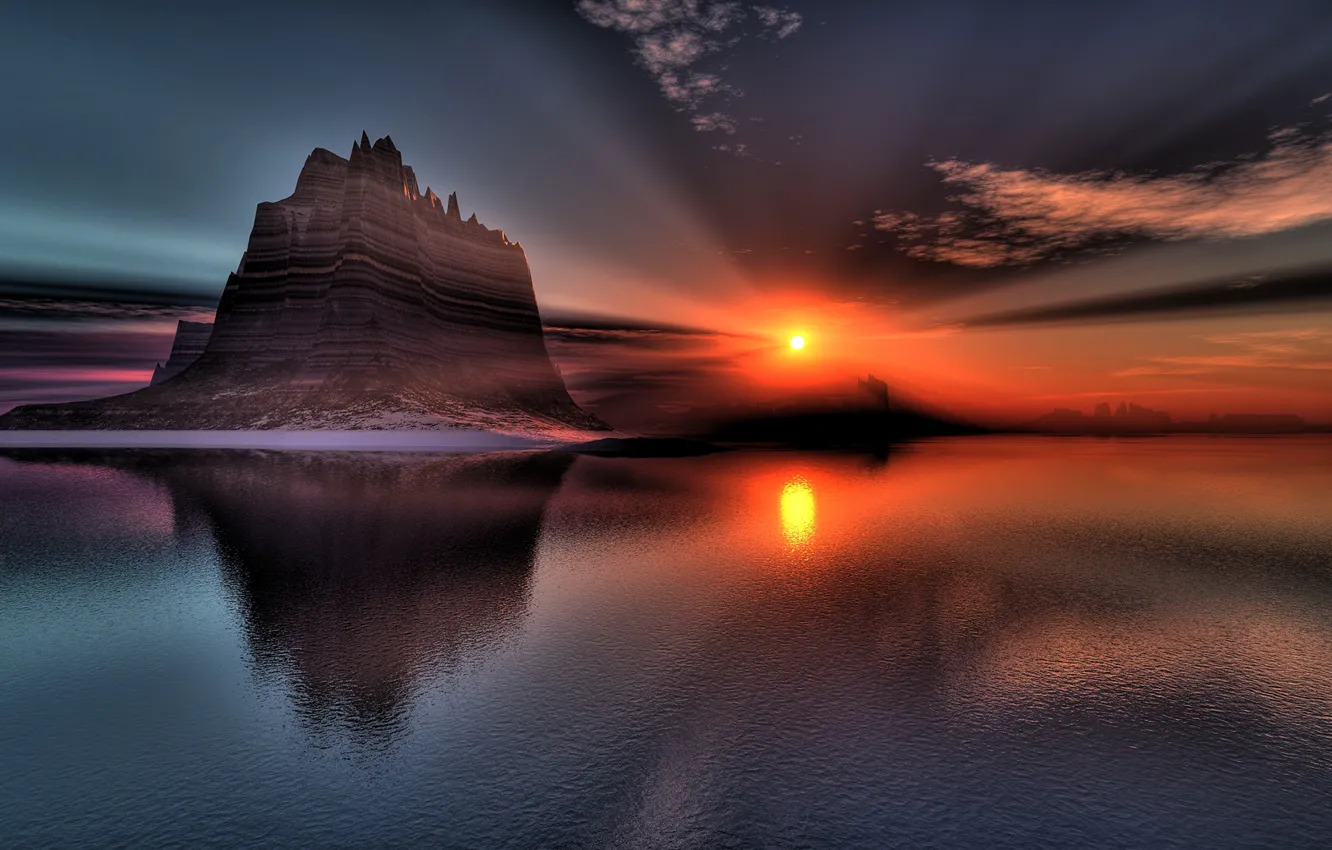 Photo wallpaper water, the sun, clouds, landscape, sunset, lake, reflection, rocks