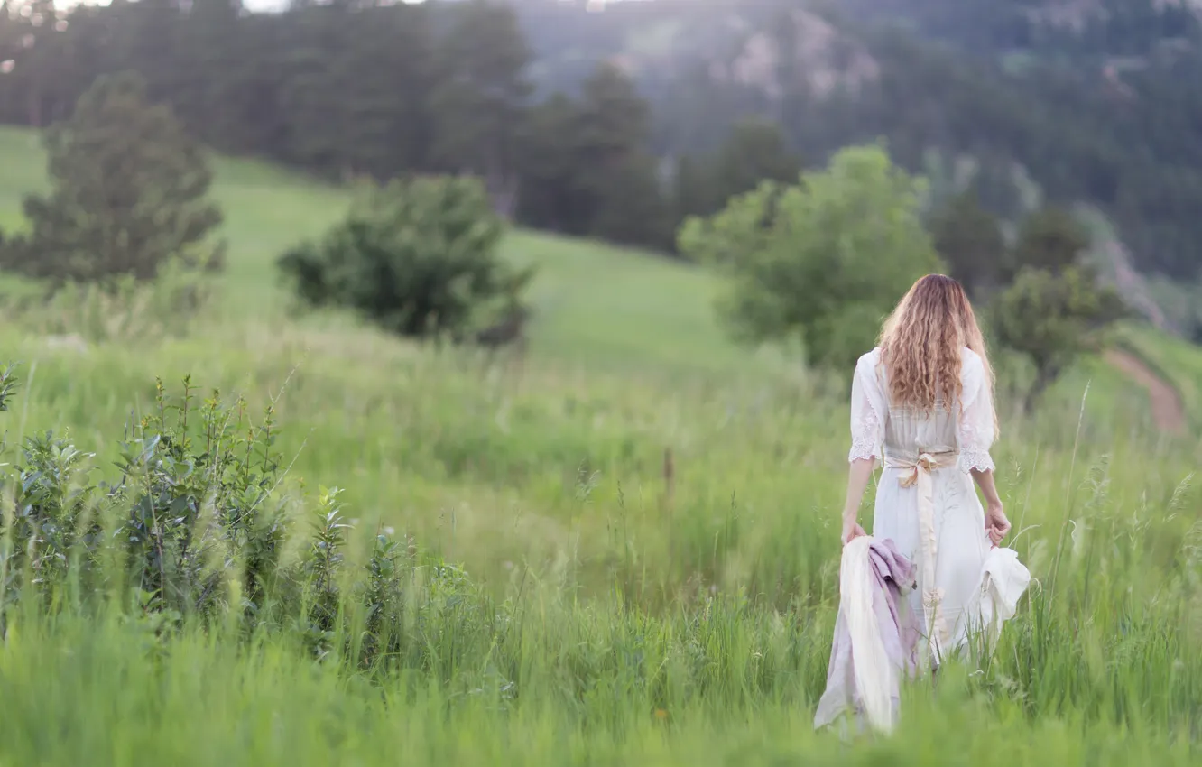 Photo wallpaper greens, grass, girl, dress