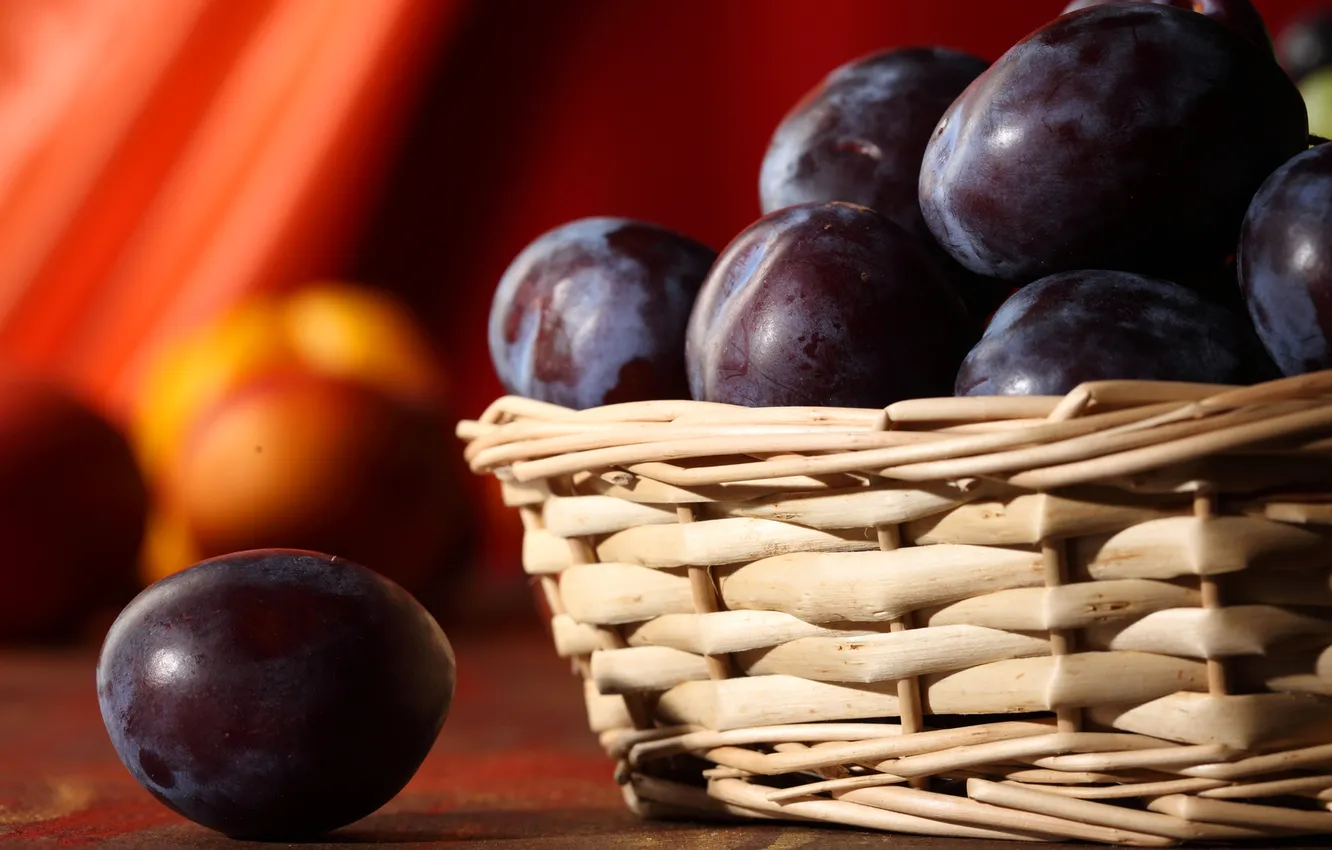 Photo wallpaper table, basket, fruit, plum