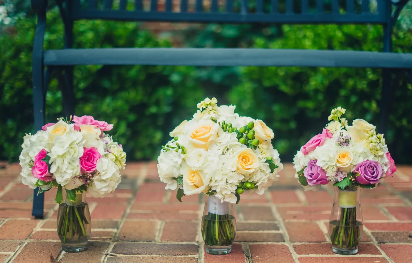 Photo wallpaper flowers, roses, bouquet, vases, wedding
