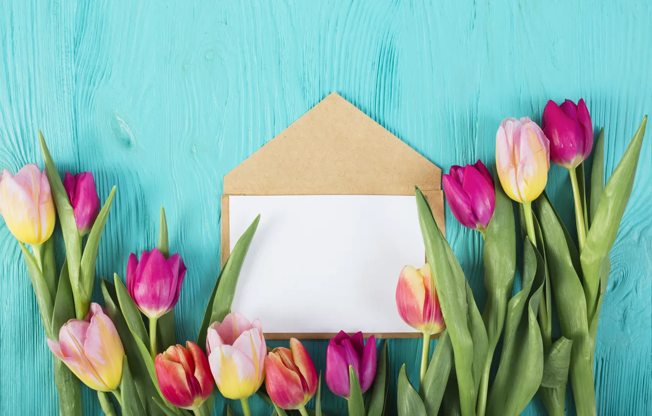 Photo wallpaper flowers, colorful, tulips, pink, wood, pink, flowers, the envelope