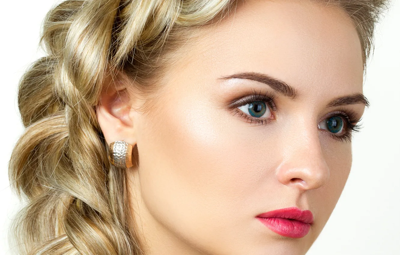 Photo wallpaper girl, face, model, hair, earrings, makeup, hairstyle, braid