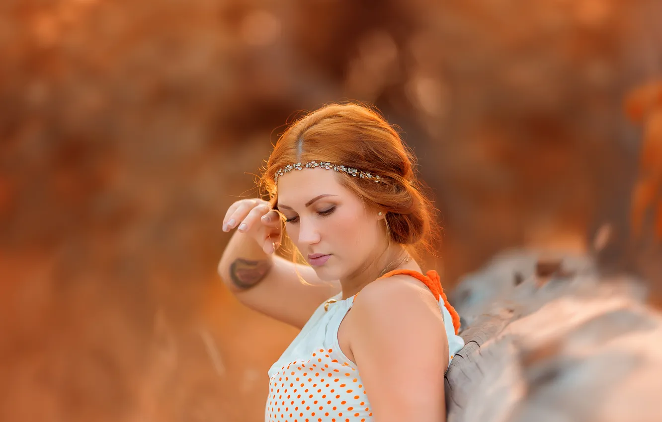 Photo wallpaper autumn, girl, nature, pose, mood, hands, tattoo, hairstyle