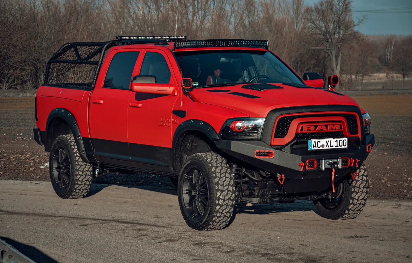 Photo wallpaper red, Dodge, pickup, 1500, Ram, Crew Cab, Limited, winch