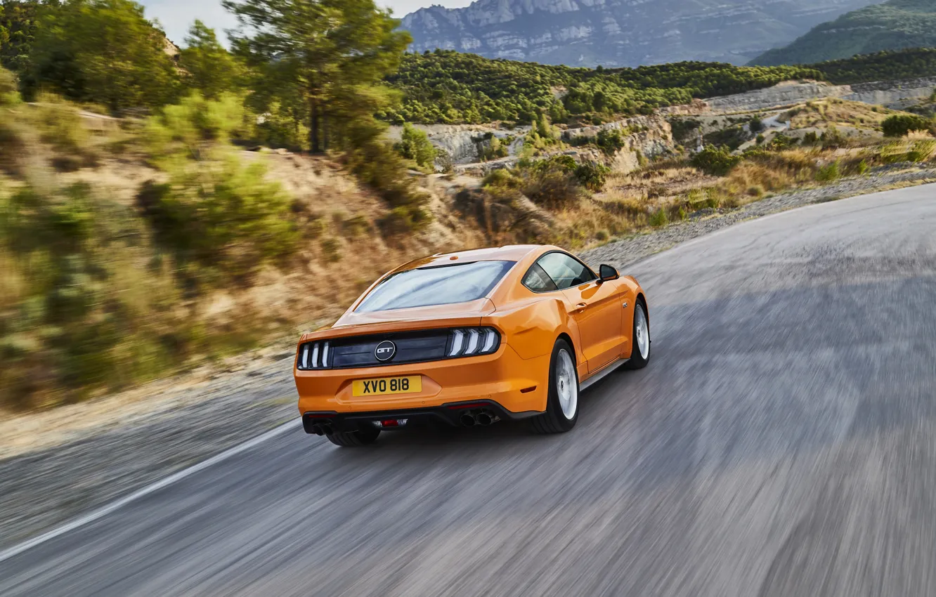 Photo wallpaper road, orange, Ford, rear view, 2018, fastback, Mustang GT 5.0