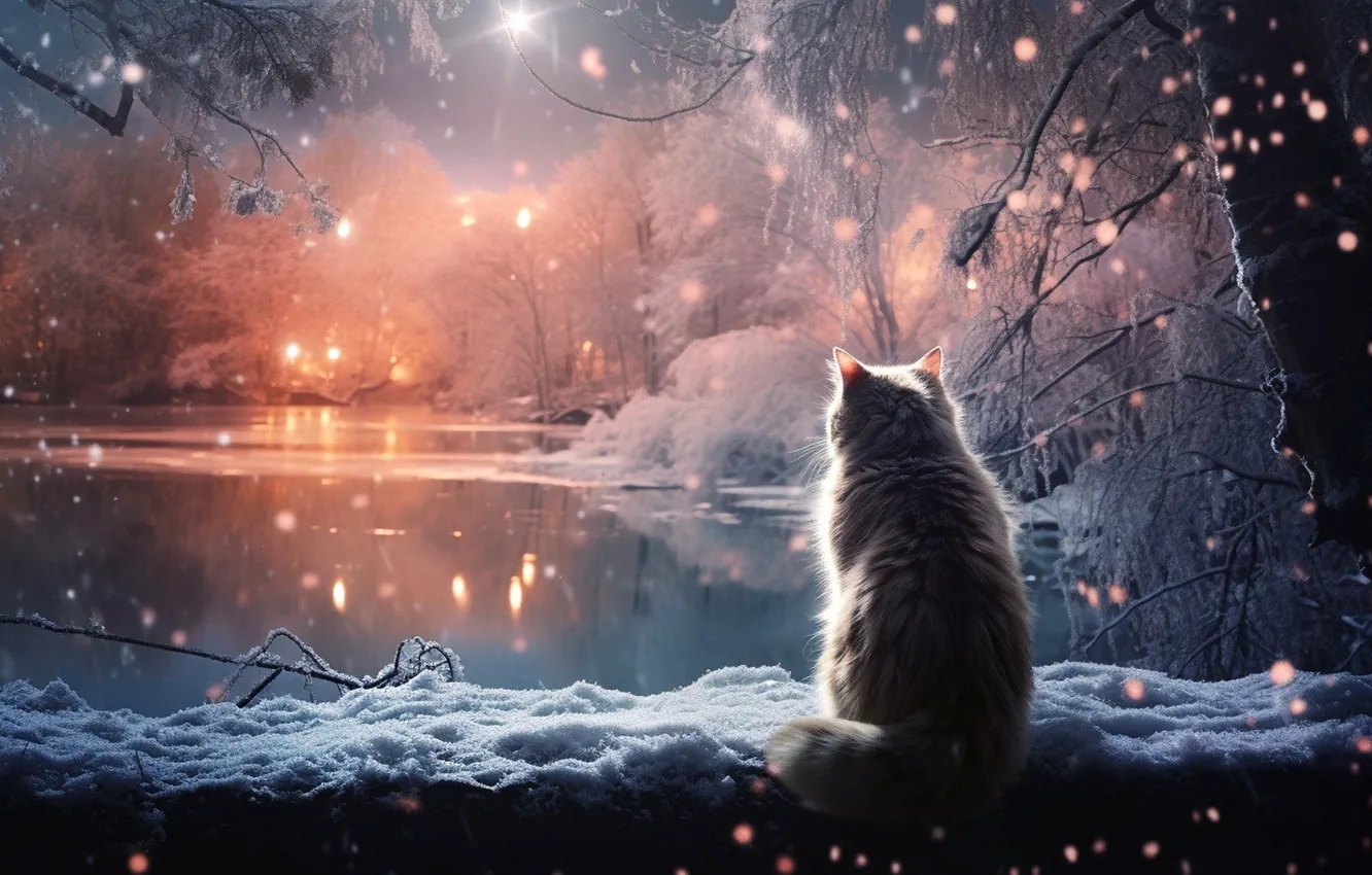 Photo wallpaper winter, frost, cat, cat, stars, snow, trees, night