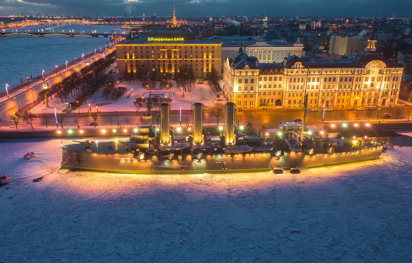 Photo wallpaper winter, snow, the city, river, ship, building, home, the evening