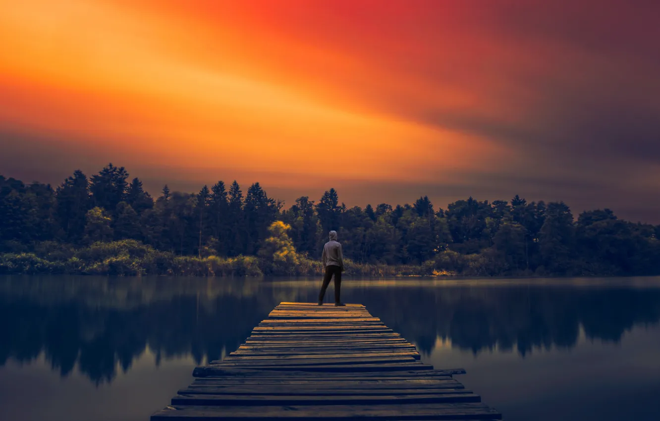 Photo wallpaper lake, man, reflection, pier, sunlight, long exposure