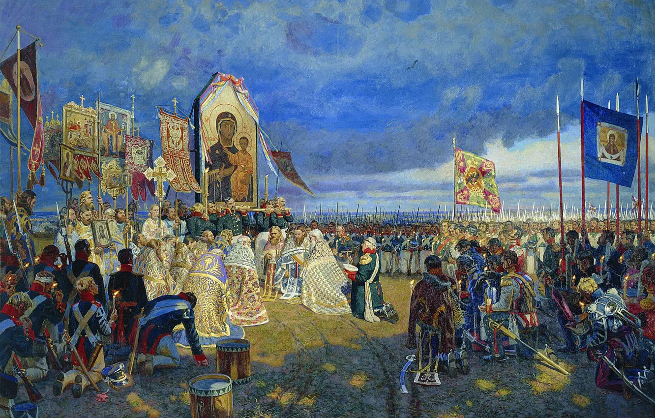 Photo wallpaper people, picture, soldiers, the priest, army, prayer, Mikhail Kutuzov, Russian artist
