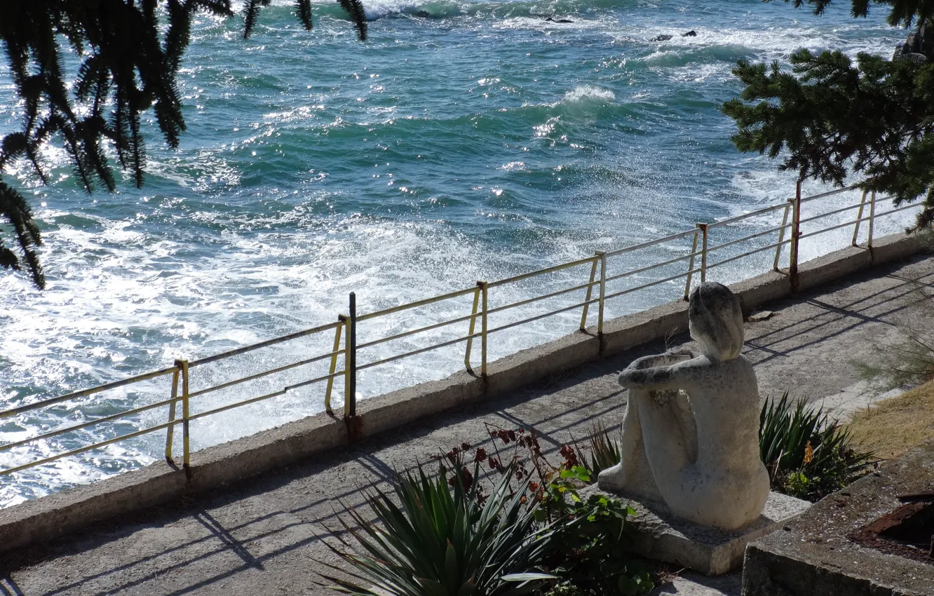 Photo wallpaper sand, sea, wave, foam, widescreen, Wallpaper, wallpaper, statue