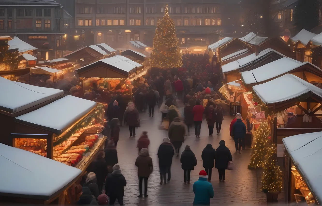 Photo wallpaper winter, snow, the city, movement, the crowd, people, new year, the evening