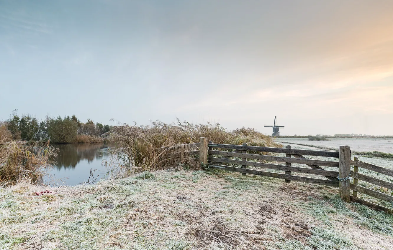 Photo wallpaper frost, field, autumn, nature, the fence