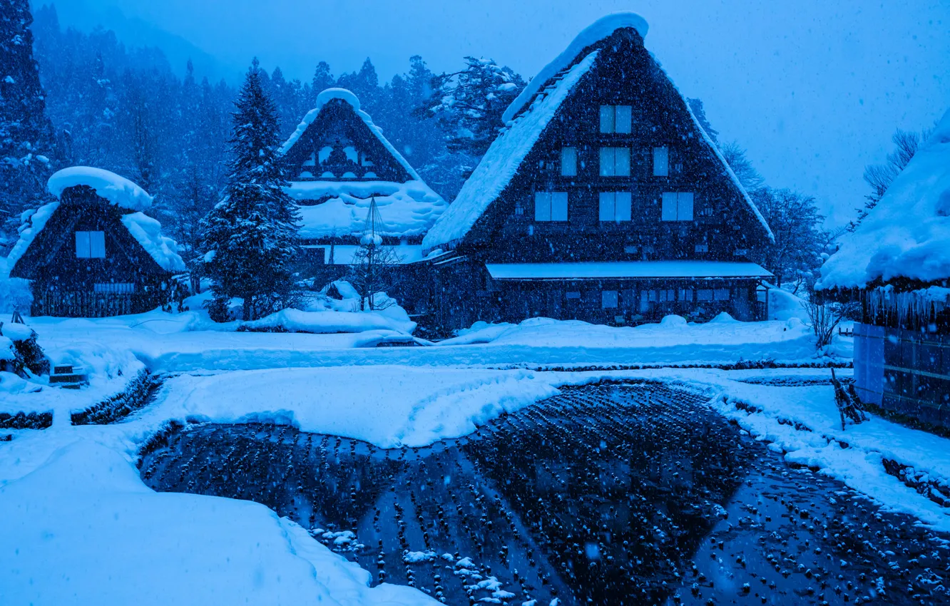 Photo wallpaper winter, snow, house, Japan, the island of Honshu, Gokayama, Shirakawa-go