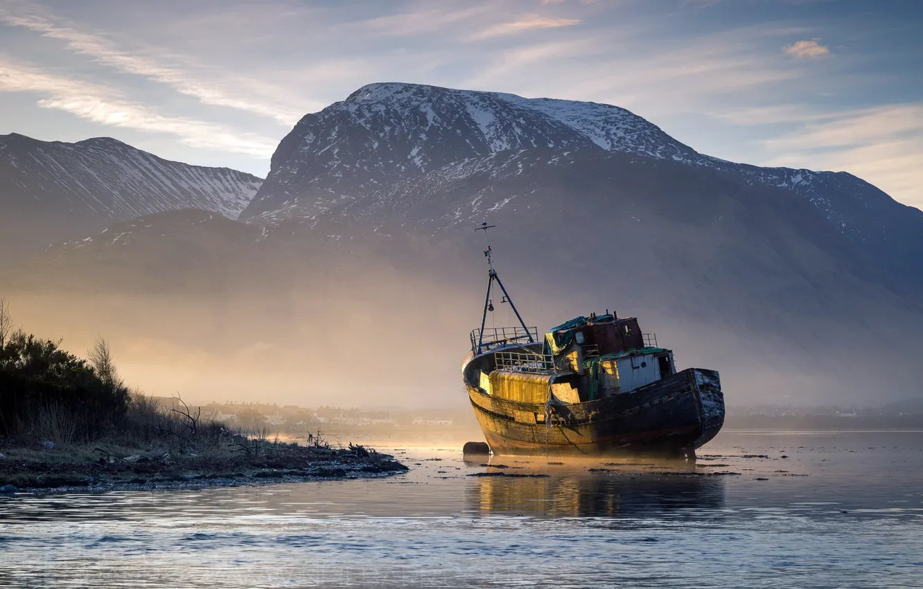 Photo wallpaper sea, shore, ship, morning
