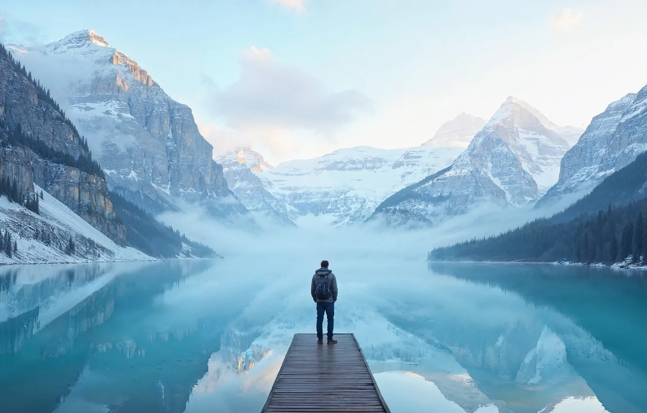 Photo wallpaper winter, snow, mountains, nature, lake, river, forest, nature