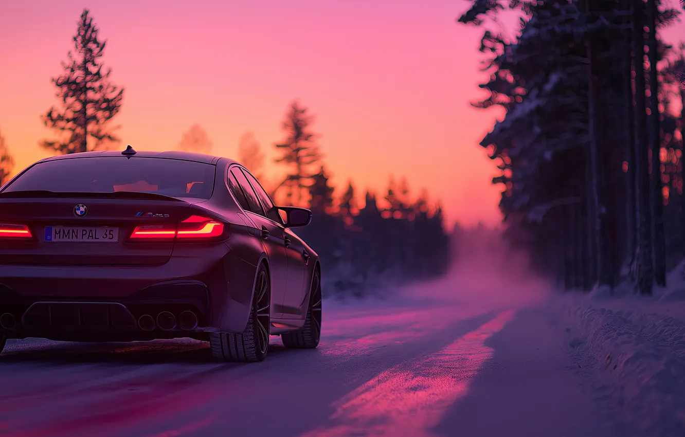 Photo wallpaper winter, road, car, snow, bmw, car, Sweden, road