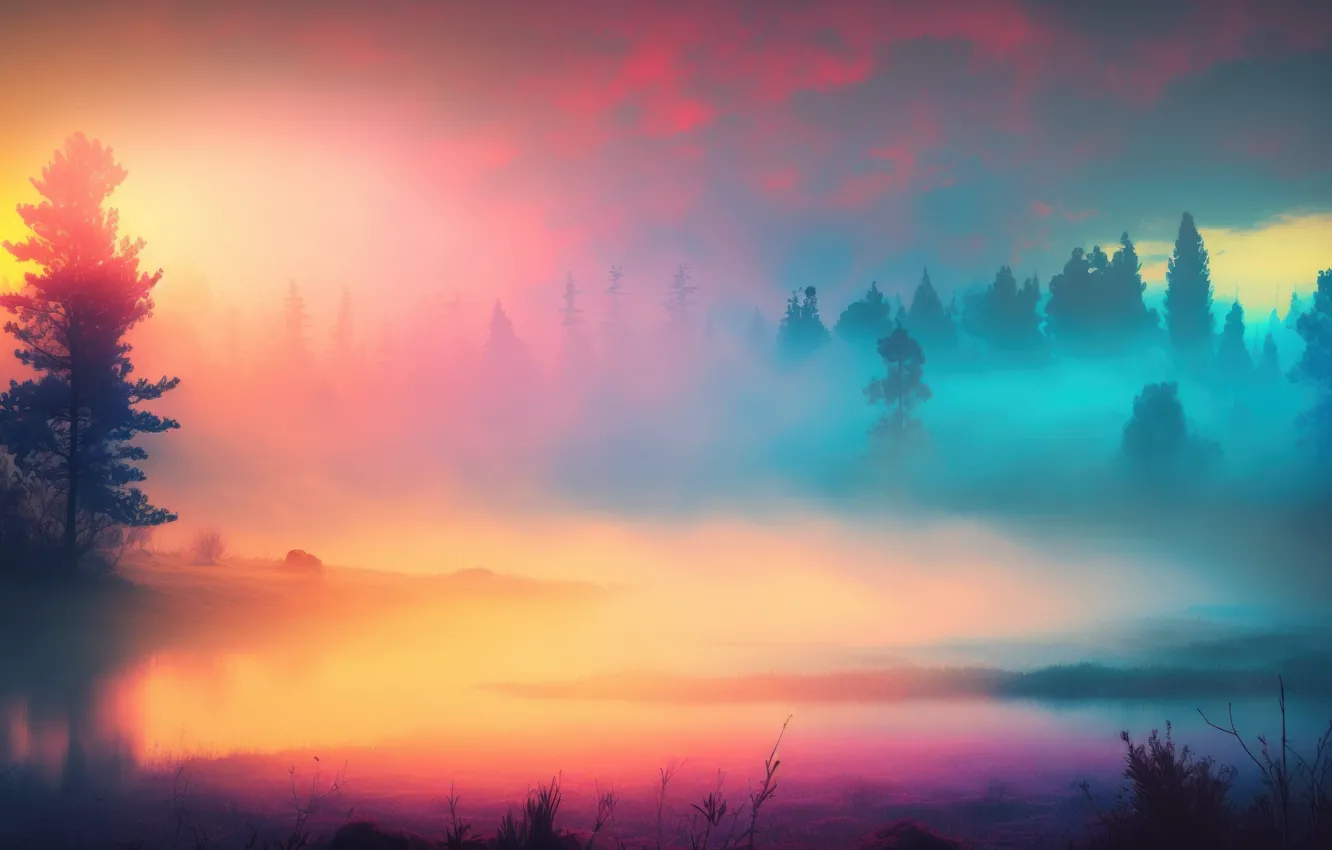 Photo wallpaper forest, trees, landscape, fog, lake, dawn, morning, haze