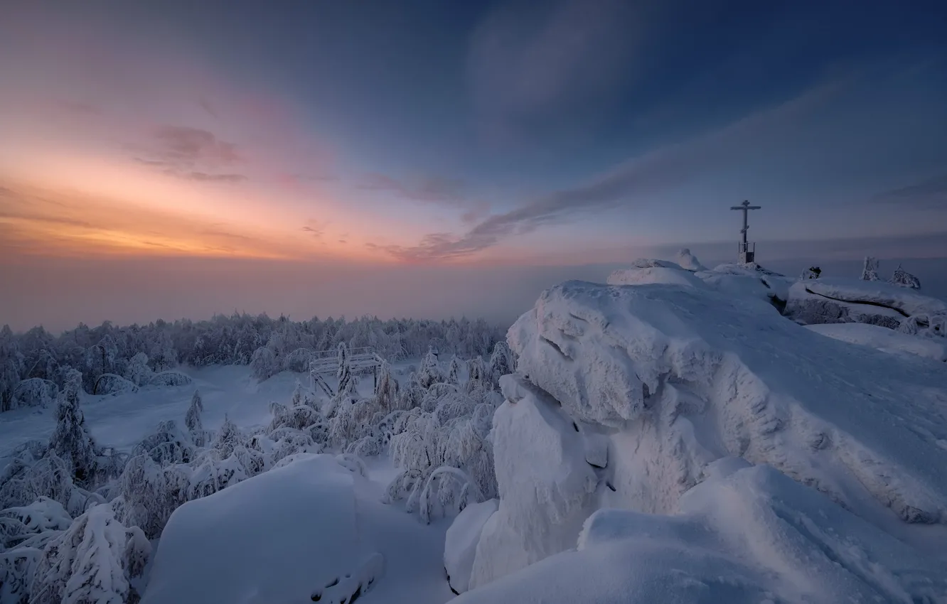 Photo wallpaper winter, snow, trees, landscape, sunset, mountains, nature, Perm Krai