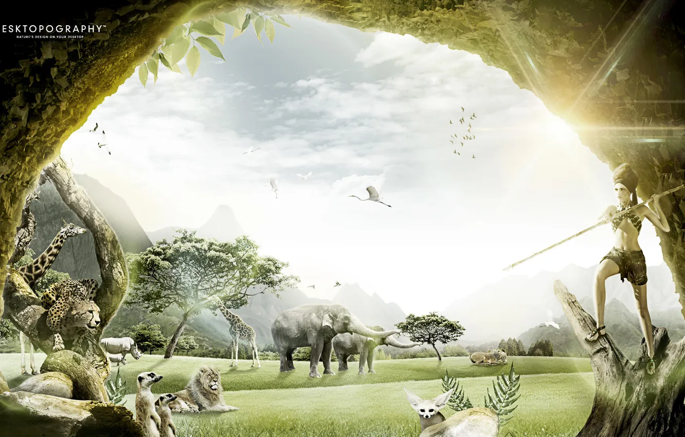 Photo wallpaper girl, creative, bird, elephant, Leo, valley, giraffe, leopard