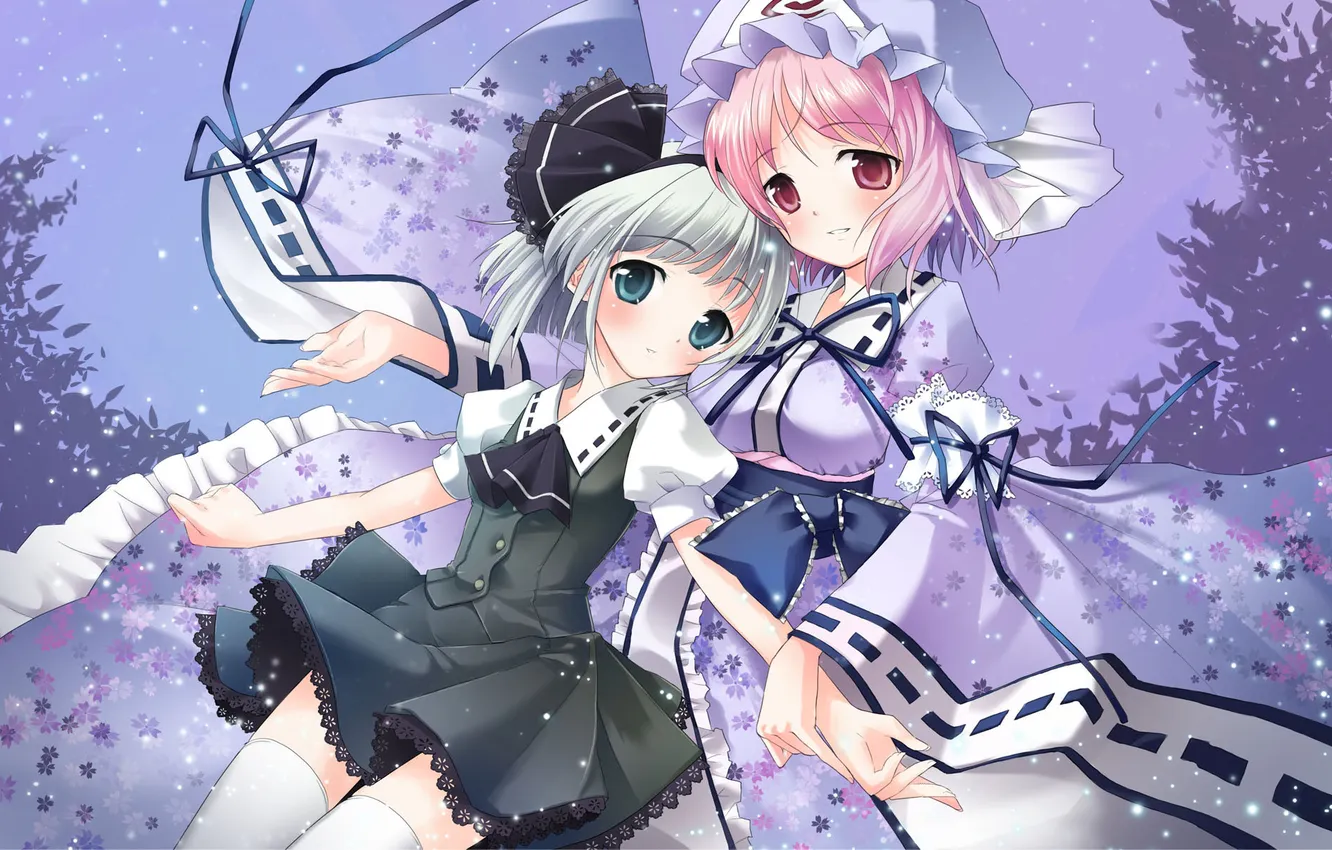 Photo wallpaper the sky, leaves, girl, trees, fireflies, outfit, kimono, cap