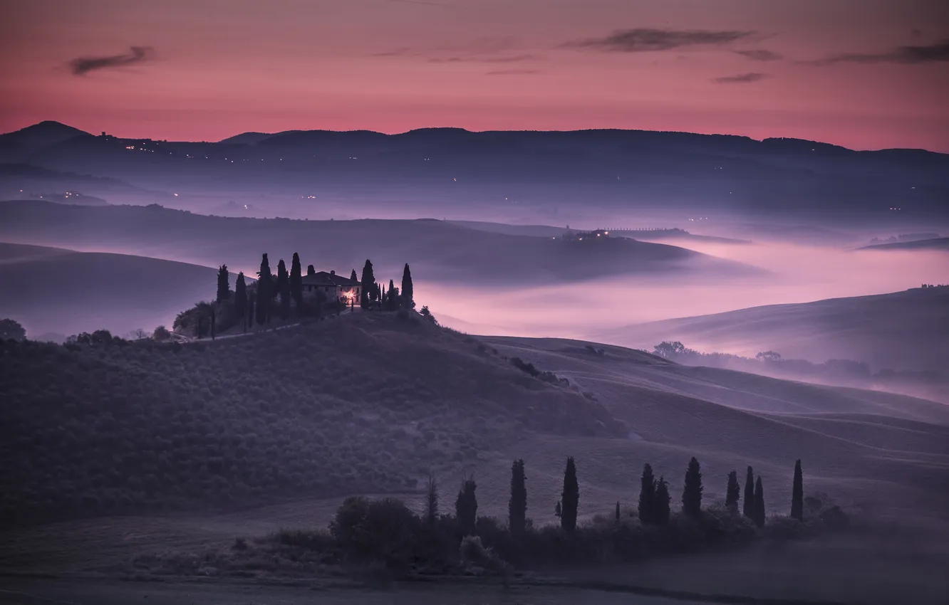 Photo wallpaper field, the sky, trees, sunset, lights, fog, hills, Italy
