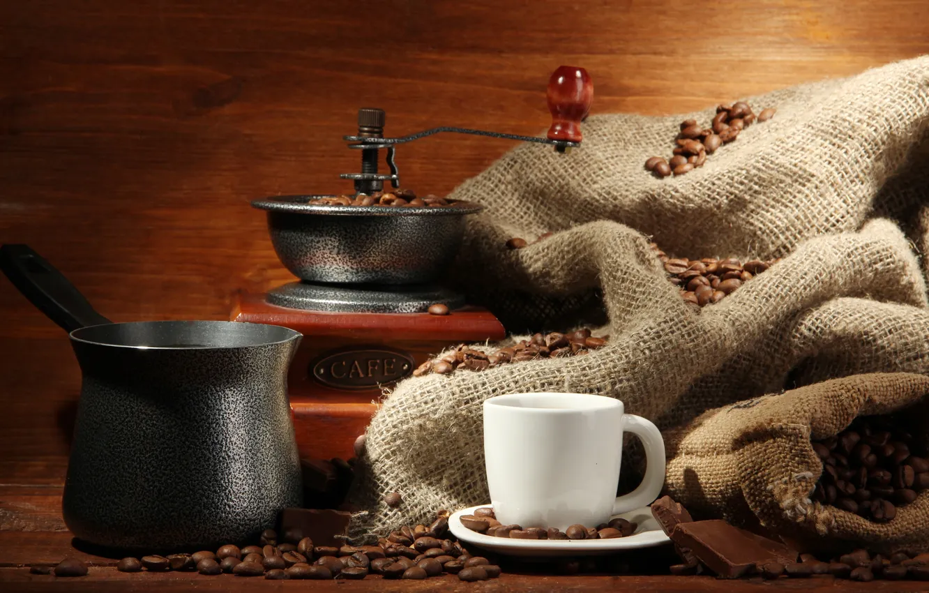 Photo wallpaper coffee, chocolate, grain, bag, Turk, coffee grinder