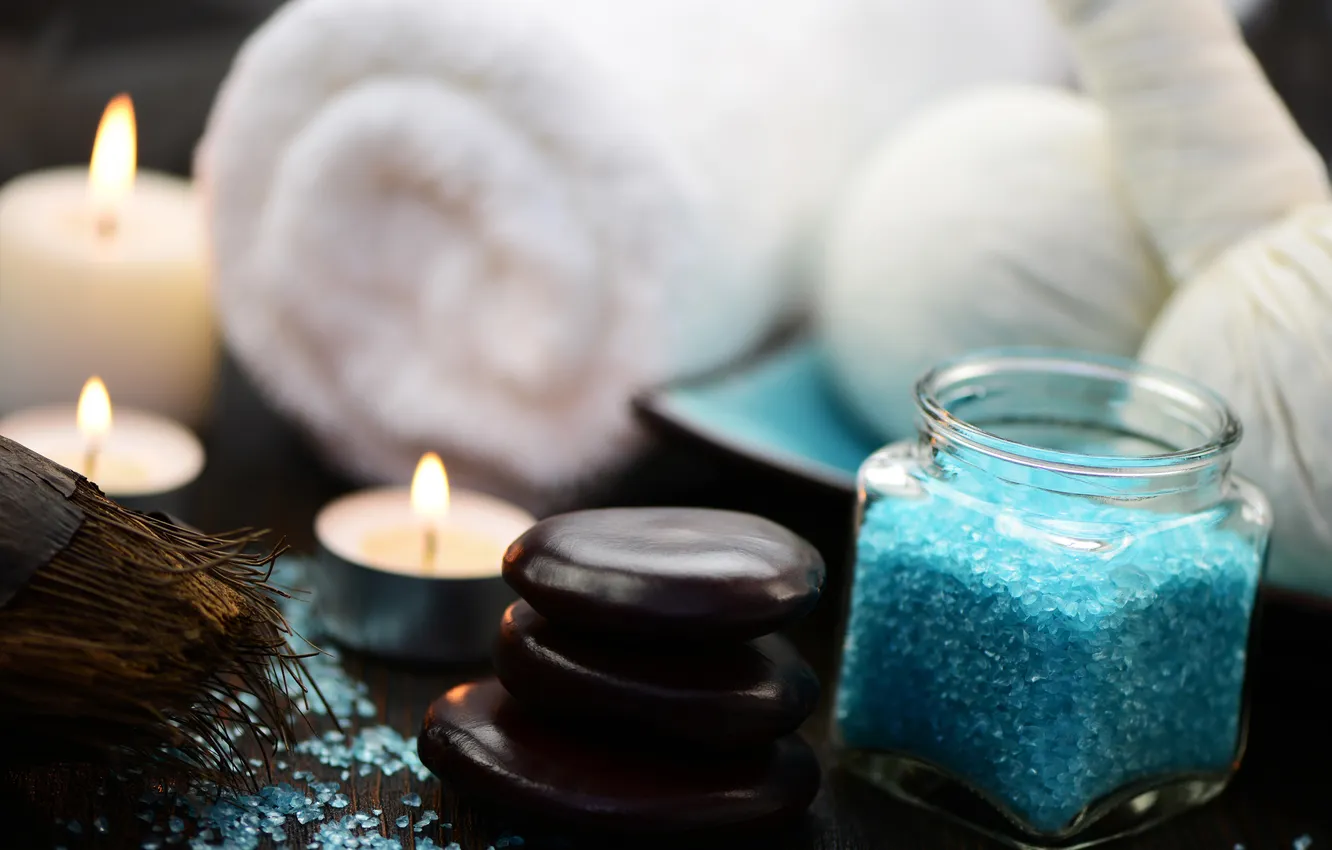 Photo wallpaper towel, candles, sea salt, Spa stones