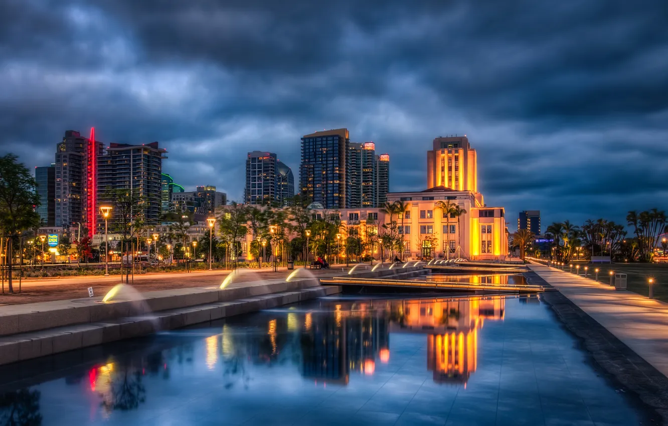 Photo wallpaper the sky, water, clouds, night, lights, reflection, palm trees, HDR