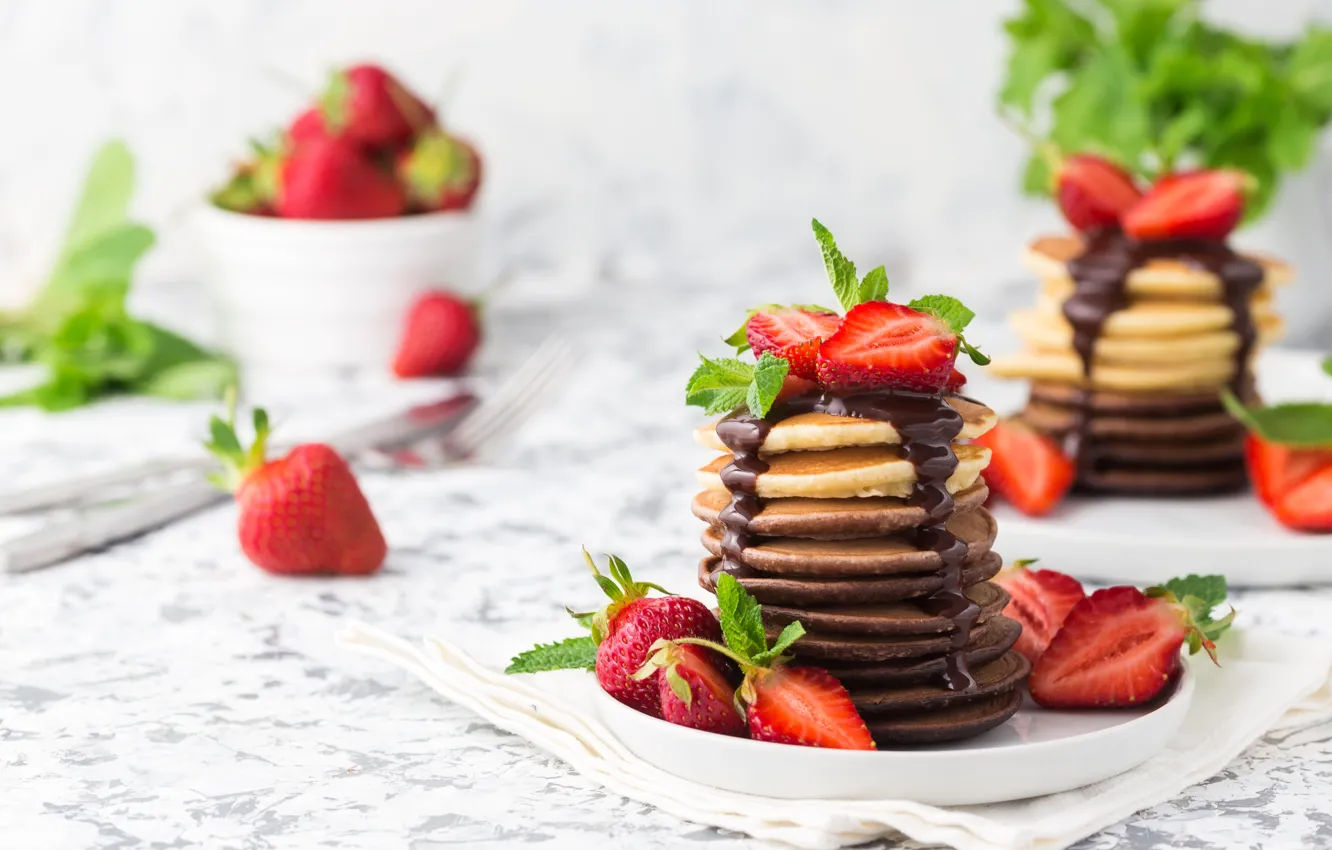 Photo wallpaper berries, chocolate, strawberry, pancakes