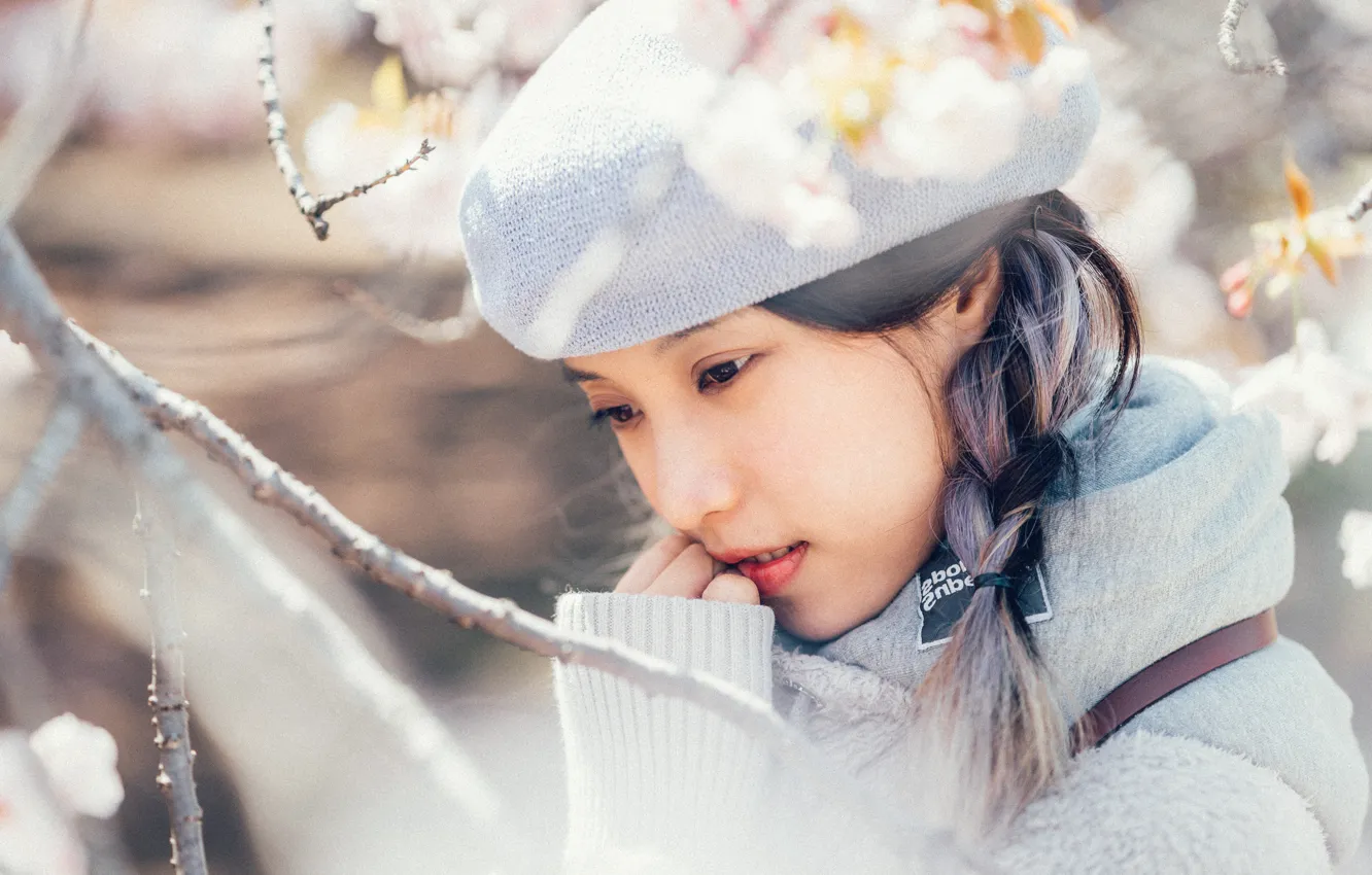 Photo wallpaper branches, mood, girl, Asian