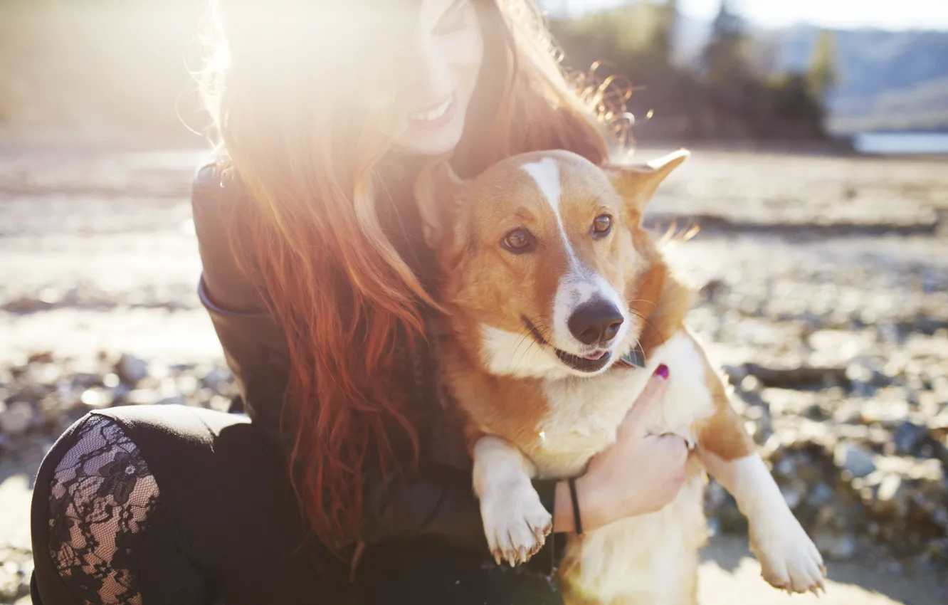 Photo wallpaper girl, dog, red, smiling