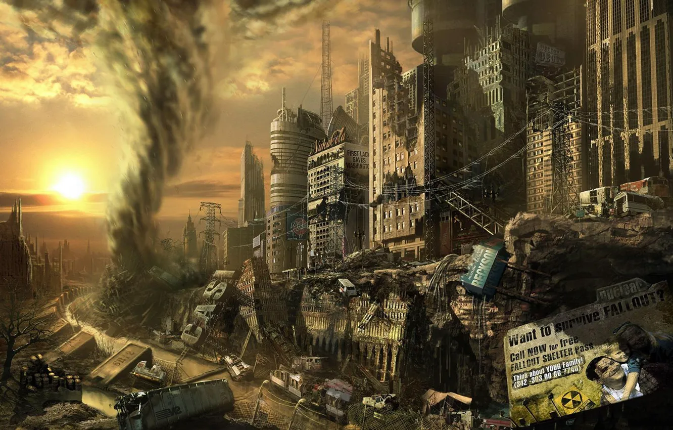 Photo wallpaper the city, element, tornado, dump, ruins, Fallout, drawing