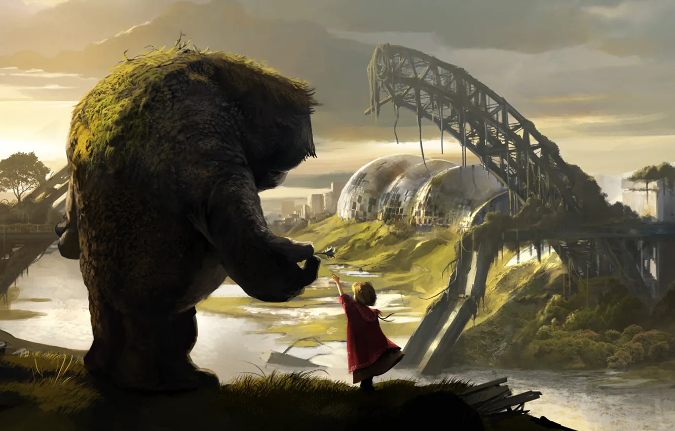 Photo wallpaper landscape, fiction, hills, view, monster, girl, fantasy, draws