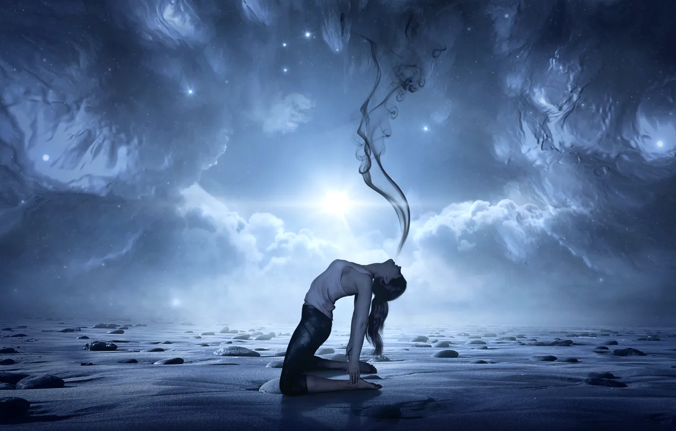 Photo wallpaper the sky, girl, the sun, space, stars, clouds, rays, light