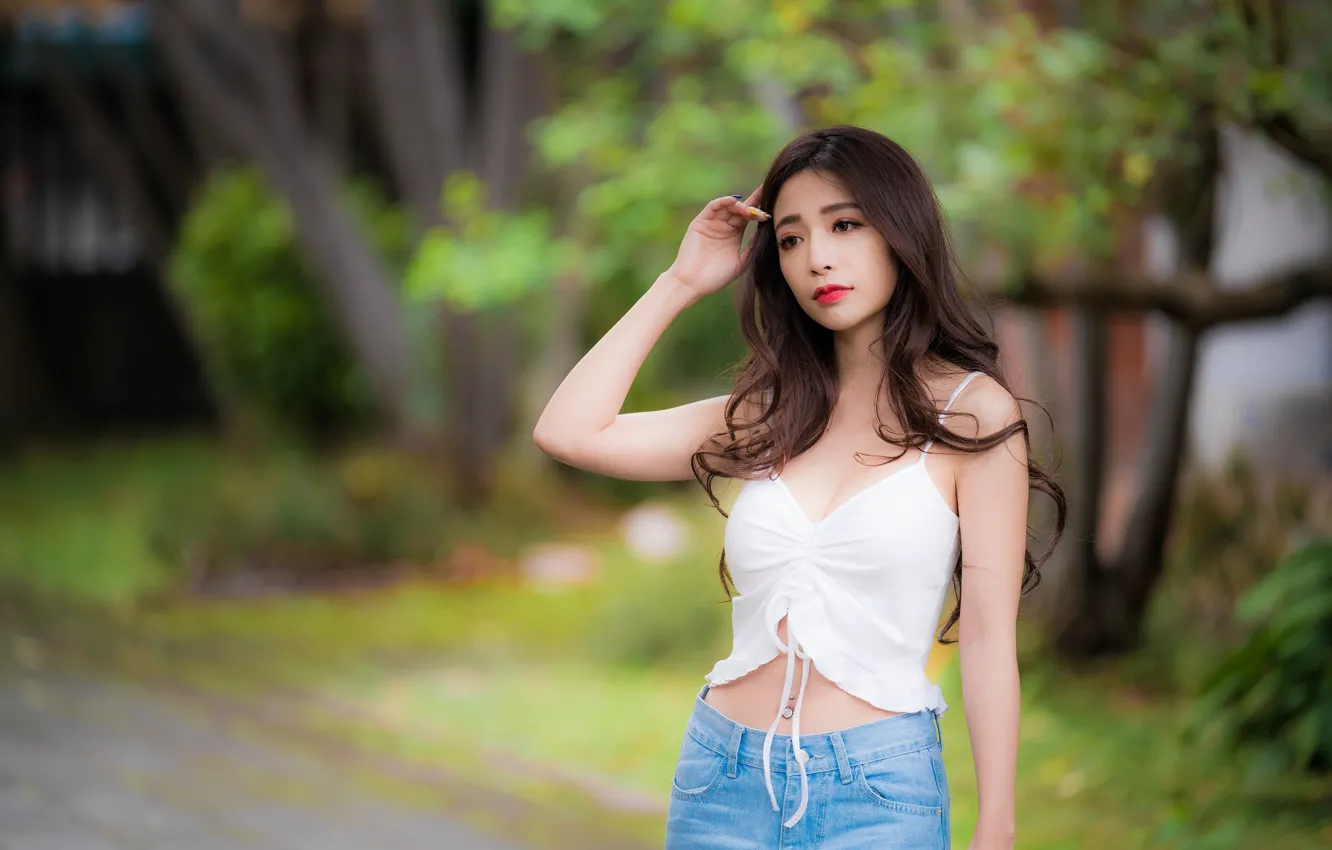 Photo wallpaper trees, pose, model, skirt, portrait, makeup, Mike, figure