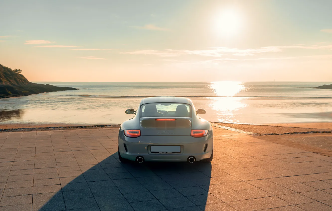 Photo wallpaper car, 911, 997, Porsche, sea, rear, sun, Porsche 911 Sport Classic