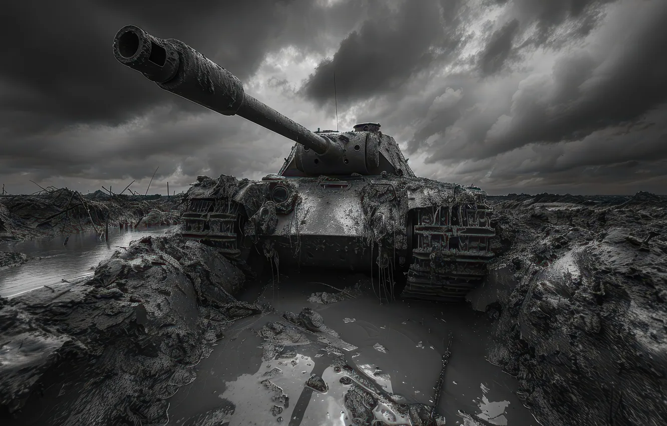 Photo wallpaper puddle, dirt, tank, trunk, black and white, front, digital art, AI art