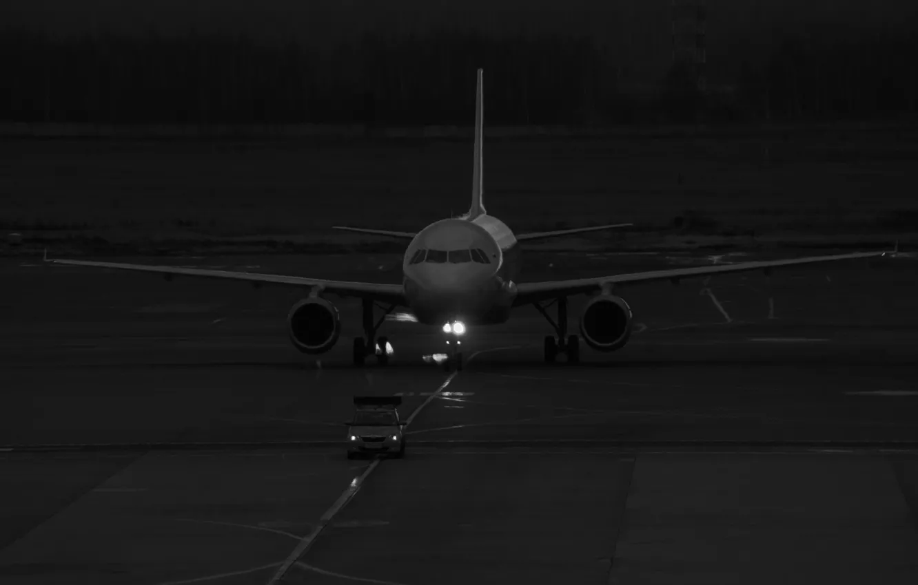 Photo wallpaper moscow, runway, the plane, turbines, black and white photo, forest pine, large aircraft, the plane …