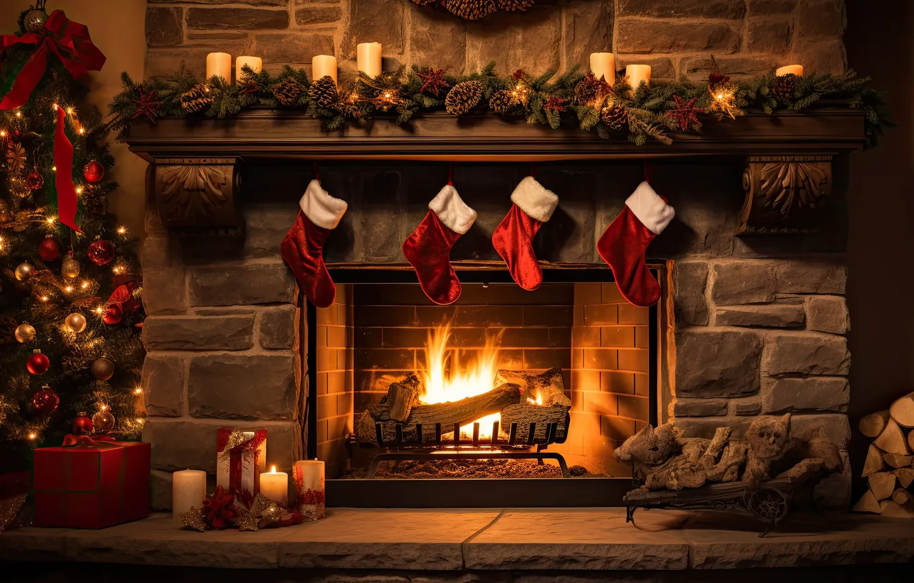 Photo wallpaper decoration, room, gift, tree, new year, interior, Christmas, fireplace
