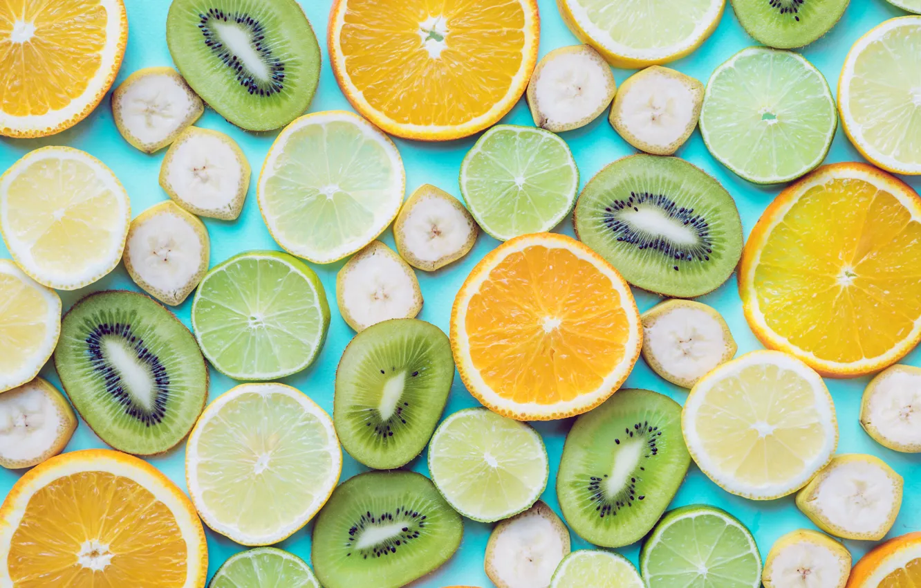 Photo wallpaper oranges, kiwi, bananas, fruit, blue background