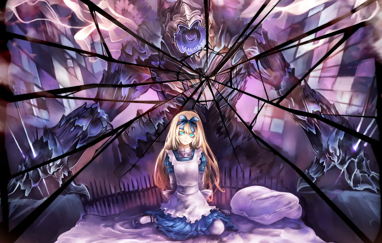 Photo wallpaper girl, fear, monster, anime, mirror, art, Alice, Suzuya