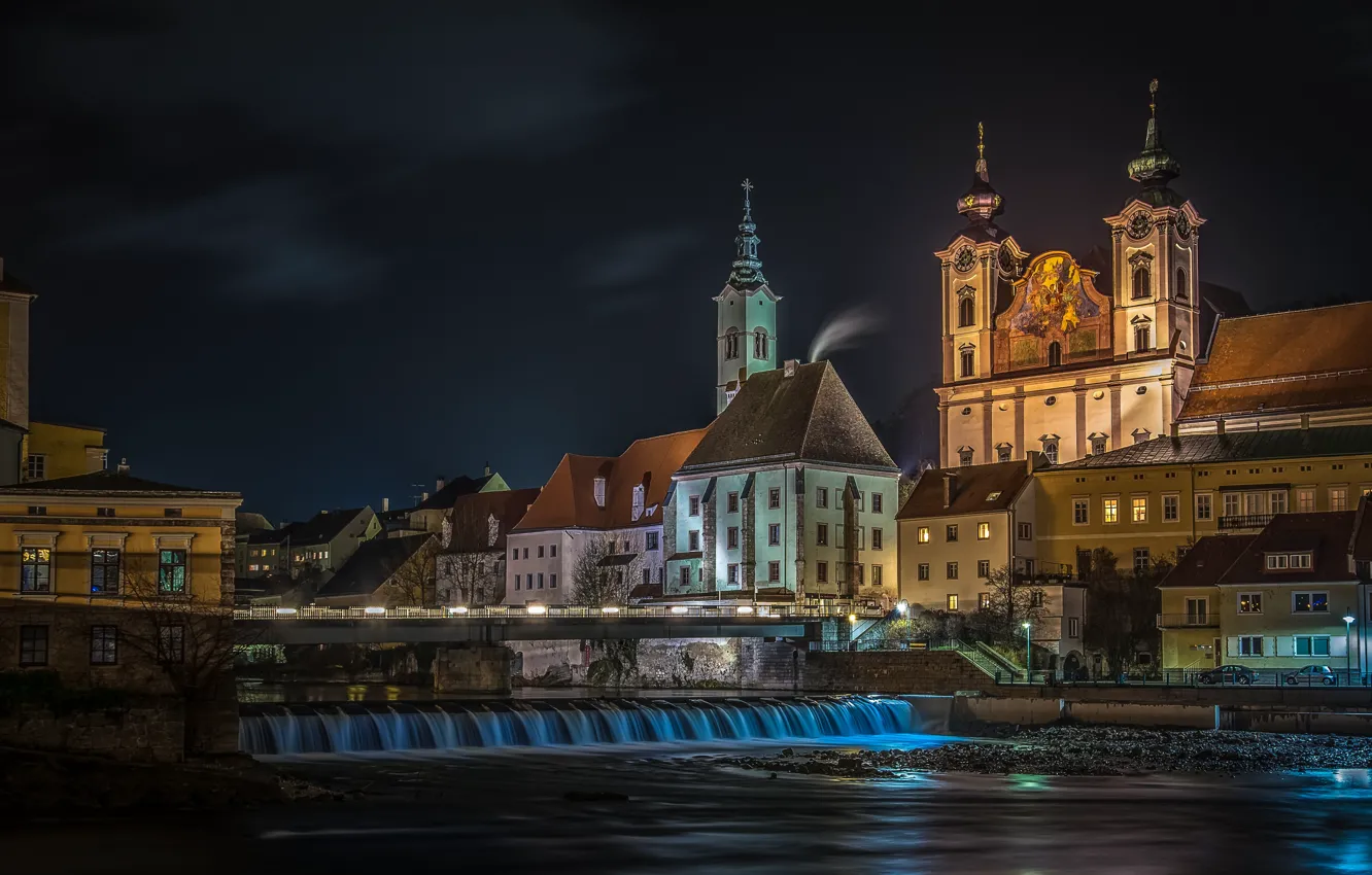 Photo wallpaper night, the city, river, building, home, Austria, Church, Steyr